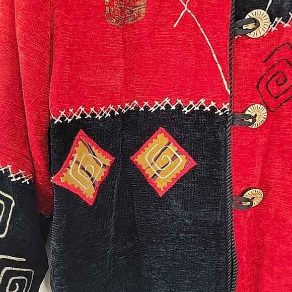 Alex Kim Women’s Medium Cardigan Jacket Red Black Velour Look Patchwork - Picture 4 of 9